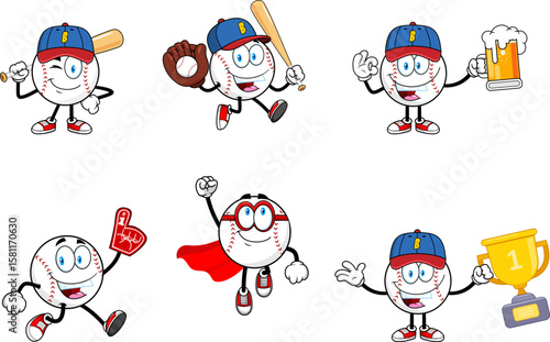 Baseball Cartoon Mascot Character In Different Poses - Vector Hand Drawn Bundle Collection Set Isolated On Transparent Background