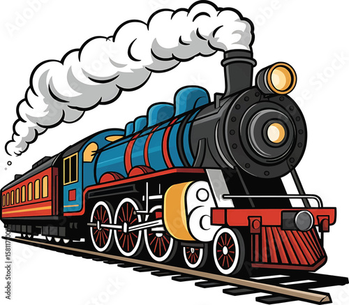 Colorful cartoon illustration of a vintage steam train locomotive with smoke and carriages