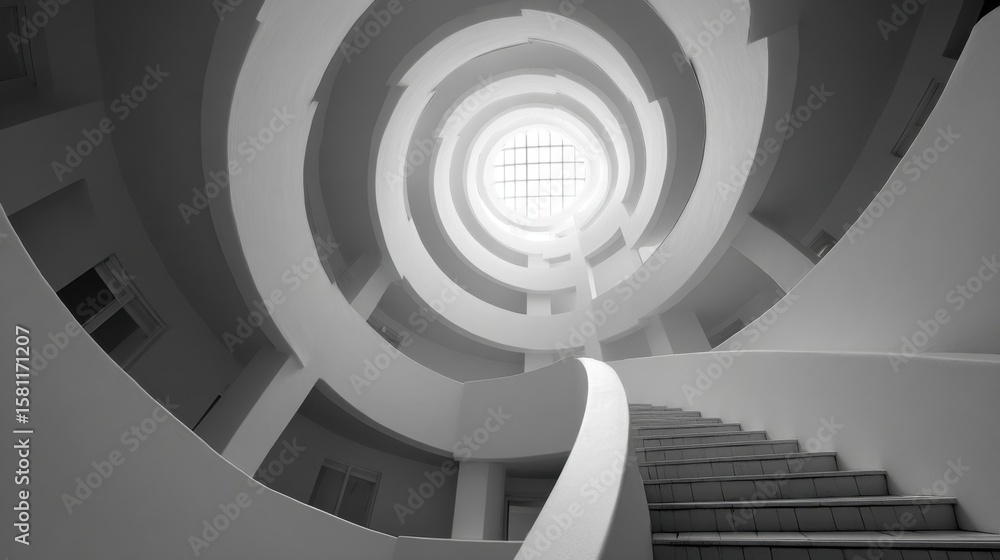 Fototapeta premium A captivating staircase winds upward, featuring smooth curves and minimalistic design. Soft natural light streams through a round skylight, enhancing the modern ambiance of the building.