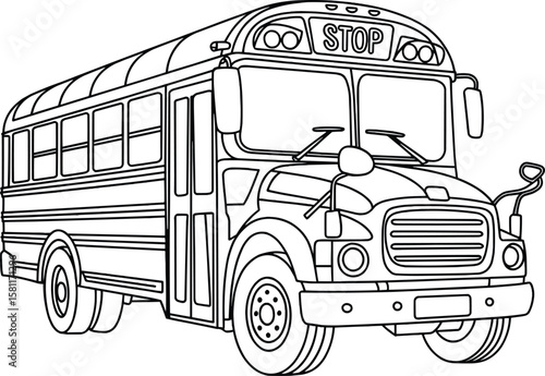 Detailed black and white outline illustration of a classic school bus for transportation