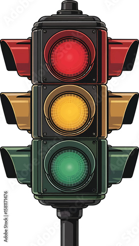 Illustration of a classic urban traffic light with illuminated red yellow and green signals
