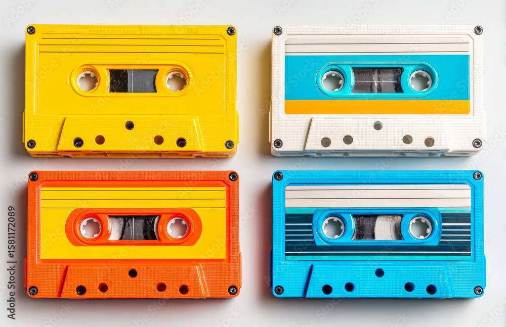 Naklejka premium Obsolete media storage devices from the 90s, including VHS, audio cassette tapes, and VHS-C, represent retro analog equipment for music and movies