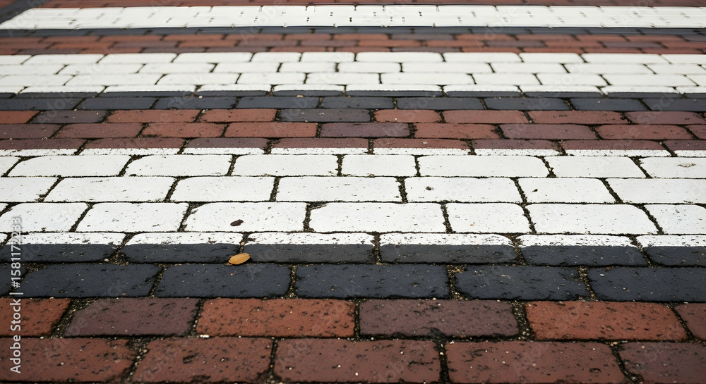 Detailed close-up of a colorful brick crosswalk with weathered textures pattern
