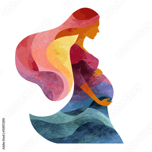 vector color silhouette of a pregnant woman on a white background .Generative AI