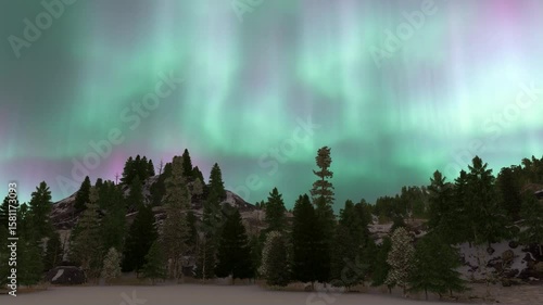 Stunning aurora in green sky above pine forest.