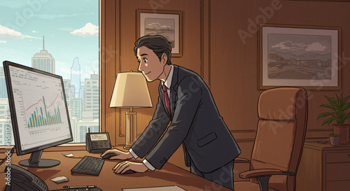 Smiling Businessman Analyzing Stock Charts in a Bright Office with City View
