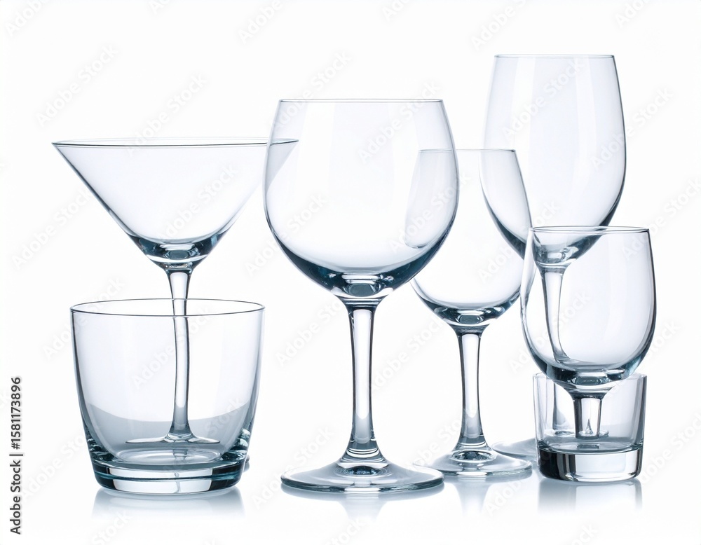 Collection of Empty Clear Glassware on White Background Collection of Empty Clear Glassware on White Background