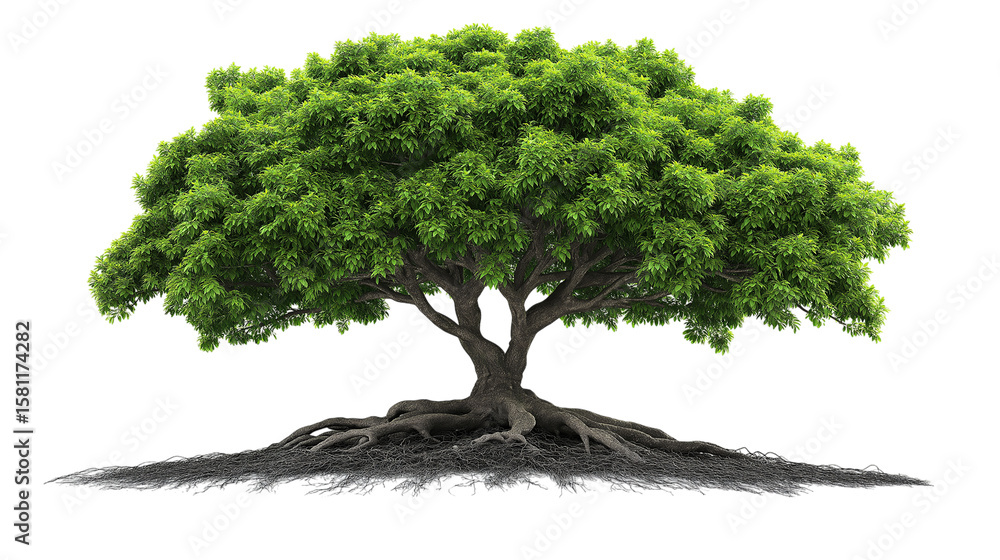 Lush Green Tree With Sprawling Roots In Natural Environment Lush Green Tree With Sprawling Roots In Natural Environment