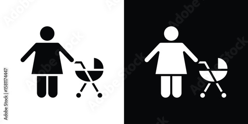 Woman with Baby Stroller icon, Vector graphics in filled style