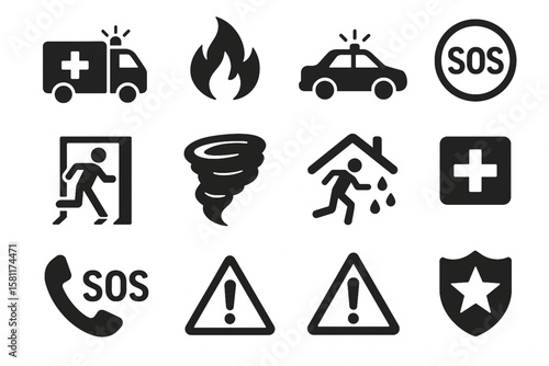 Emergency and Safety Icons Set with Ambulance, Fire, Police and Disaster Response Symbols

