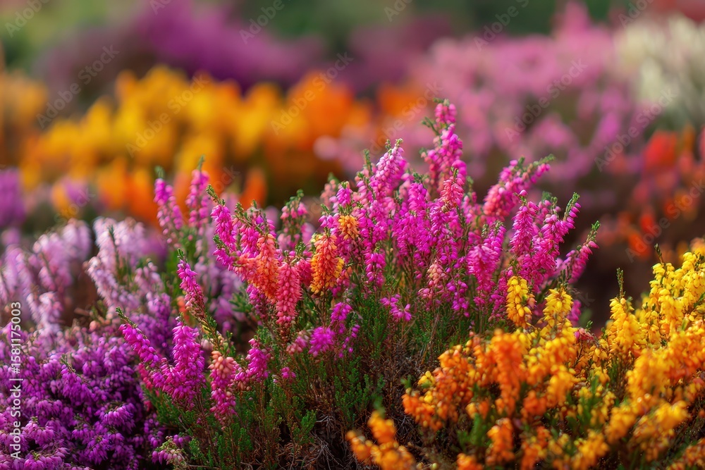 Obraz premium Colorful Heather Flowers Blooming in Field.