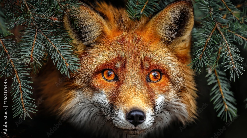 Obraz premium The image features a close-up shot of a fox's face, set against a backdrop of a tall pine tree with a pine branch in the foreground