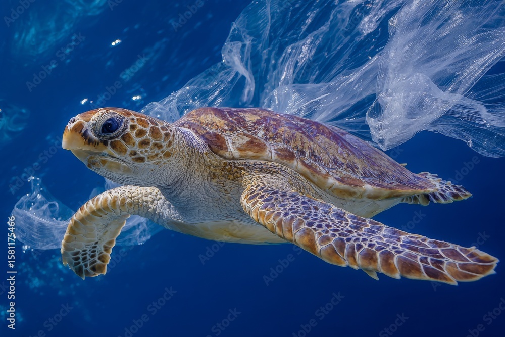 Obraz premium The environmental concept of plastic pollution is starkly represented by a turtle confined in a plastic bag, adrift in the ocean, a poignant illustration for World Oceans Day