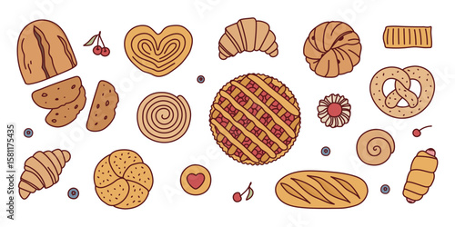 set of hand drawn bakery products in doodle style