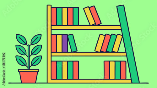 Colorful bookshelf illustration with plants, ideal for home decor and education themes