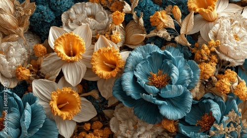 Wallpaper Mural Lush emerald foliage framed a beautiful field of vibrant blue and sunny yellow blossoms set against a pristine white canvas Torontodigital.ca