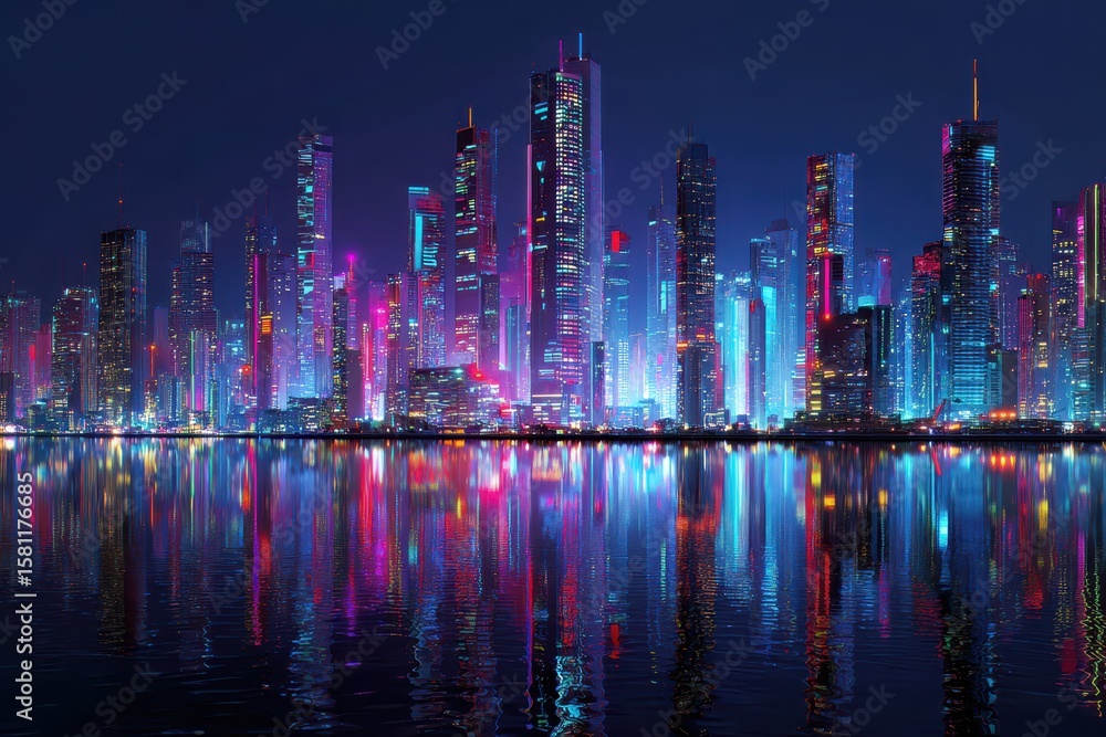 Obraz premium Neon Cityscape Reflection at Night.