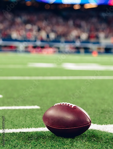 American football resting on the green grass of a stadium field with blurred crowd and lights