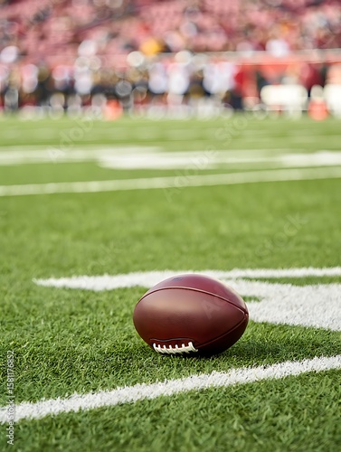 American football resting on green grass with white yard lines isolated on white background