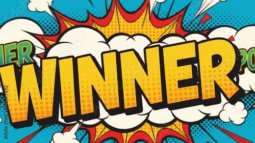 Comic Book Style Illustration Of Winner Pop Text Explosion On Blue Background