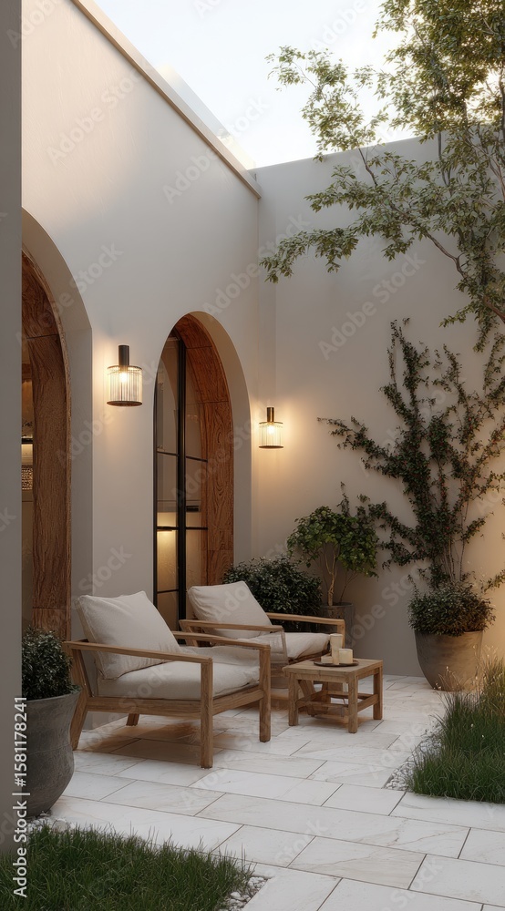 Fototapeta premium Tranquil courtyard with light beige furniture