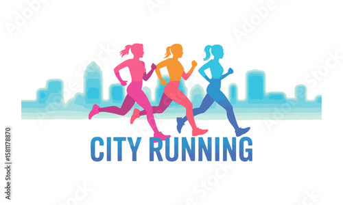 Modern vector illustrator featuring three women runners in a dynamic motion-inspired silhouette, city running logo design, running marathon in city, easily editable and scalable.