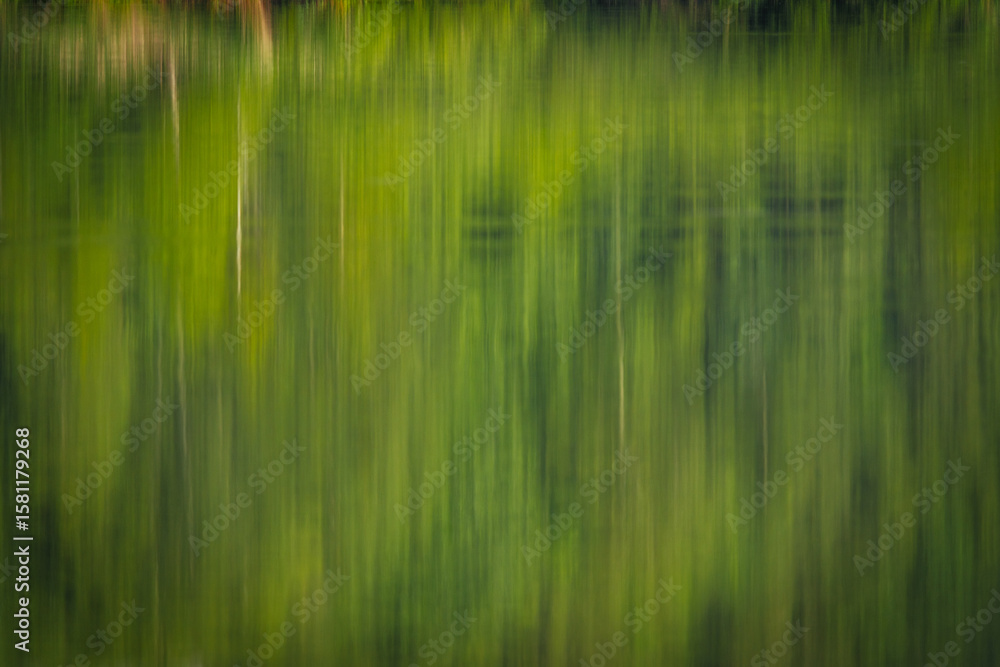 Obraz premium Vertical abstract blur of green and yellow hues reflected on water, creating a natural painterly effect resembling forest shadows and light.