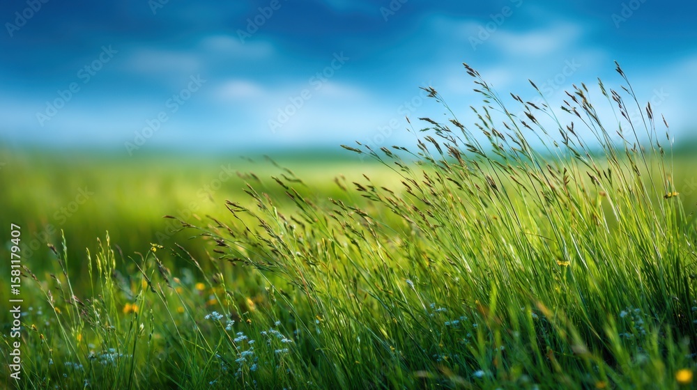 Fototapeta premium A field of grass with a few flowers scattered throughout. The grass is tall and the sky is blue
