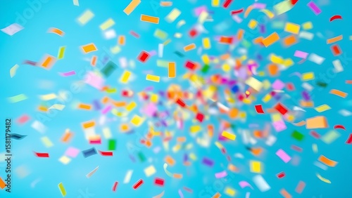 Colorful confetti captured mid-air against a solid blue, evoking lively celebration energy.