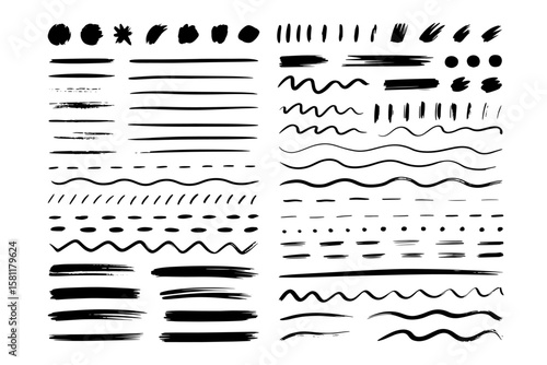 A collection of diverse handdrawn brush strokes, lines, and patterns isolated on transparent background