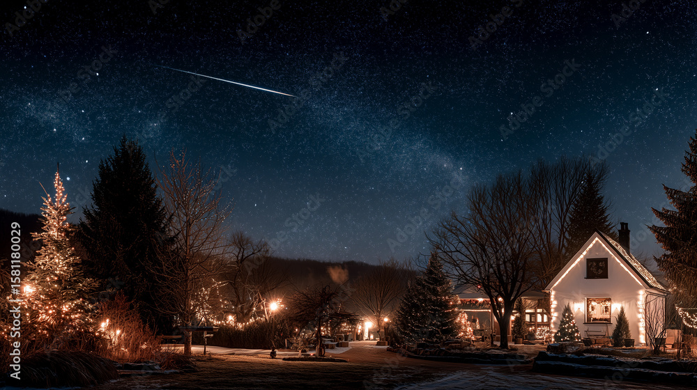Fototapeta premium A cozy house decorated with Christmas lights stands amid snow, with trees lit for the holidays. A meteor streak is visible across the starry night sky.