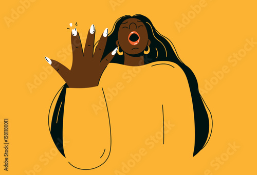 Vector illustration of a young woman in close-up, showing a broken fingernail. Her facial expression reflects surprise, frustration, or mild annoyance. The image focuses on hand and nail details, high