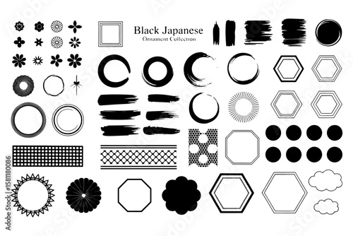 A collection of japanese ornamental design elements and brush strokes isolated on transparent background