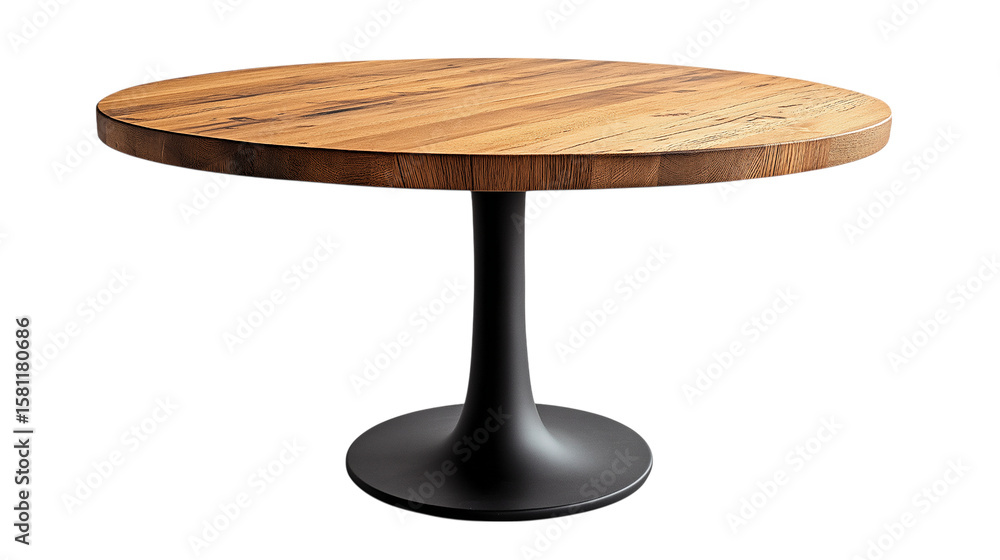 Round Wooden Dining Table With Black Pedestal Base On White Background Round Wooden Dining Table With Black Pedestal Base On White Background