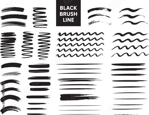 A compilation of black brush strokes, lines, and wavy patterns on white isolated on transparent background