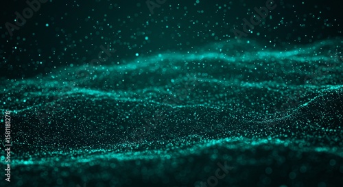 Serene teal particle waves flowing across a dark expanse in a digital art piece.