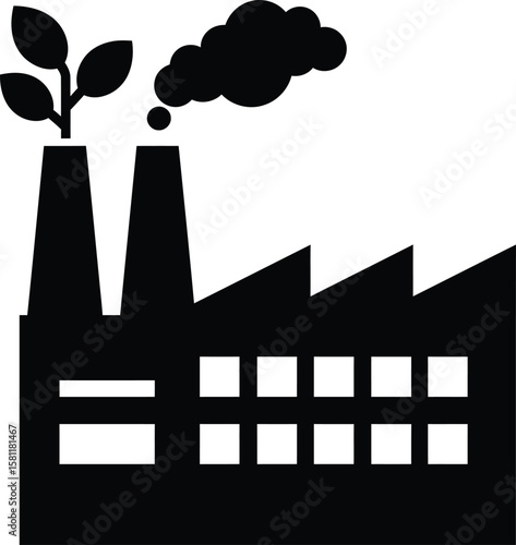 Eco-Friendly Industry A Silhouette Representing Sustainable Green Factory with Plant Outgrowth, Signaling Environmental Awareness and Responsible Manufacturing Practices