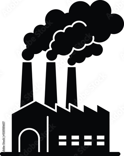 Industrial factory silhouette with chimney smoke emissions, highlighting pollution challenges and contributing to environmental concerns and global climate change.
