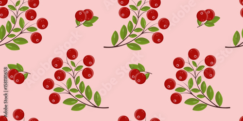 Seamless pattern with marsh cranberries on light pink background