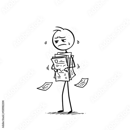 Stick figure man looking stressed while holding documents and papers  