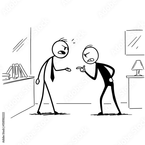 Two stick figures arguing in an office setting  