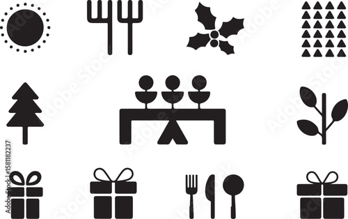 Christmas Celebration Icons: Tree, Gifts, Table, and Festive Symbols