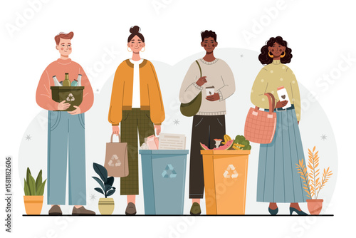Vector illustration of people sorting waste into recycling bins. Characters separate trash into categories such as plastic, paper, glass, metal, and organic waste. Eco-friendly lifestyle, sustainabili
