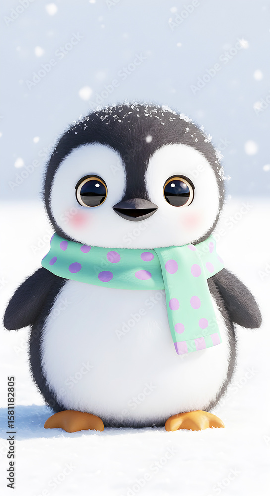 Fototapeta premium A charming penguin with a polka dot scarf stands in a snowy winter wonderland scene