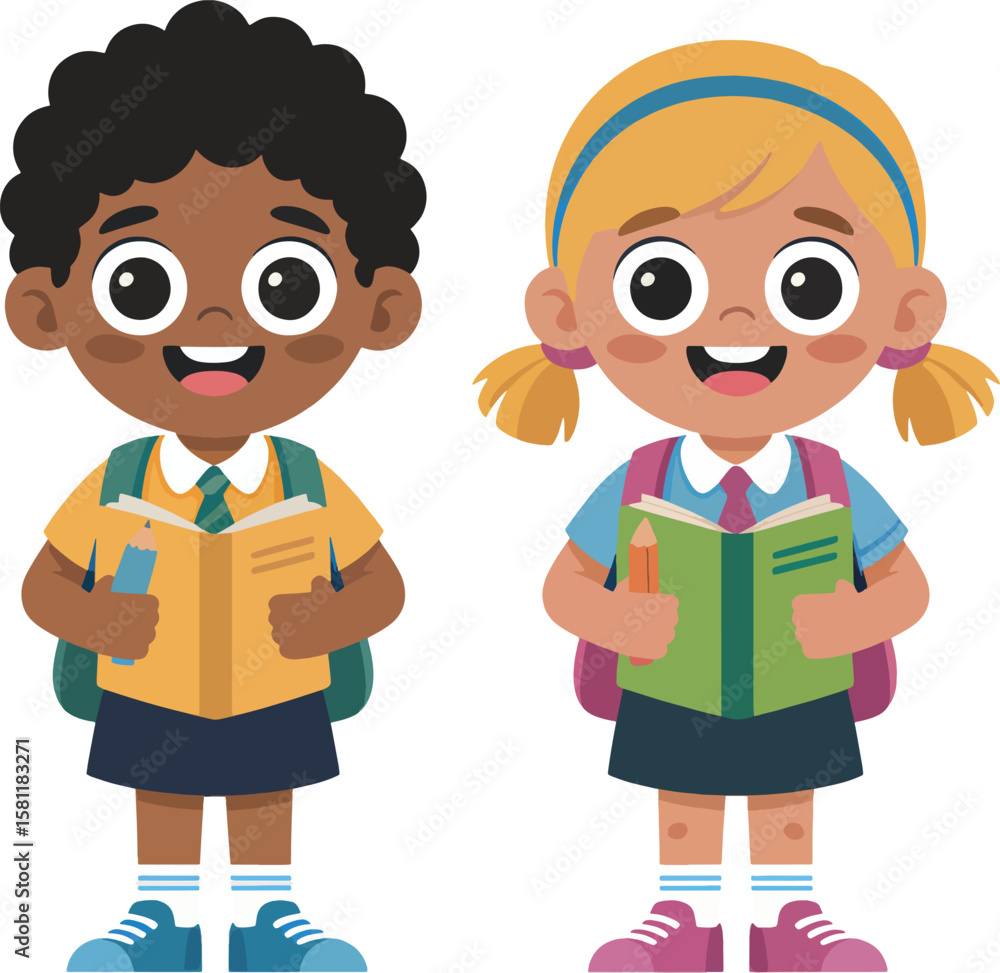 Two happy cartoon children, a boy and a girl, holding books and wearing backpacks isolated on transparent background Two happy cartoon children, a boy and a girl, holding books and wearing backpacks isolated on transparent background