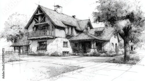 Wallpaper Mural A house with a porch and a tree in front of it. The house is large and has a lot of windows Torontodigital.ca