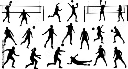 Group of volleyball players, men and women playing volleyball, set of isolated vector silhouettes