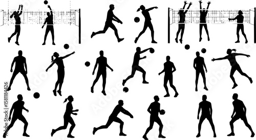 Group of volleyball players, men and women playing volleyball, set of isolated vector silhouettes