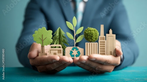 A person holds eco-friendly models representing sustainability and urban growth.