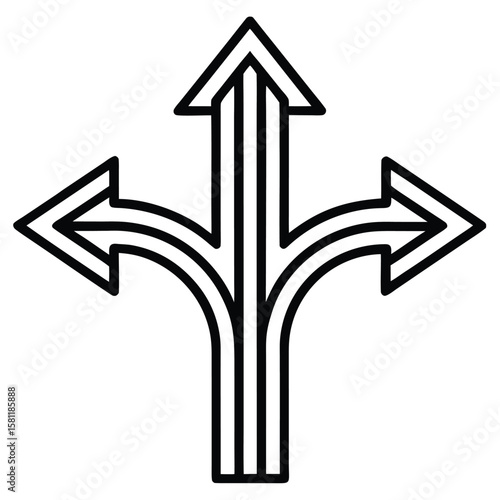 Three way directional arrow symbol with multiple parallel lines indicating choice or divergence silhouette